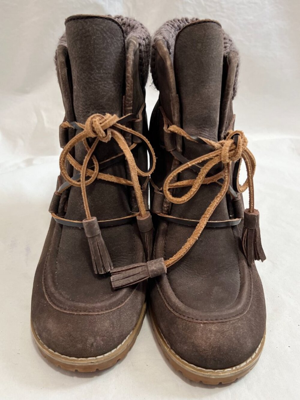 See by Chloé boots Wallabee wedge brown suede 40 9.5 high heel lace up knit cuff - Picture 2 of 15